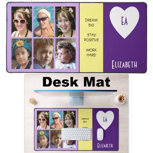6 photo quotes add name initials purple yellow desk mat