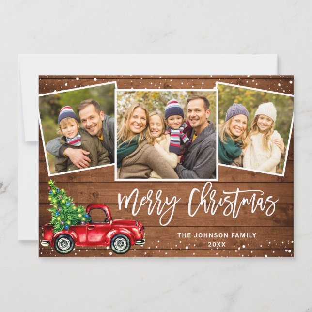 6 PHOTO Retro Christmas Red Truck Rustic Greeting Holiday Card (Front)