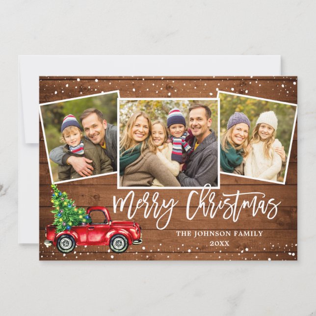 6 PHOTO Retro Christmas Red Truck Rustic Greeting Holiday Card (Front)
