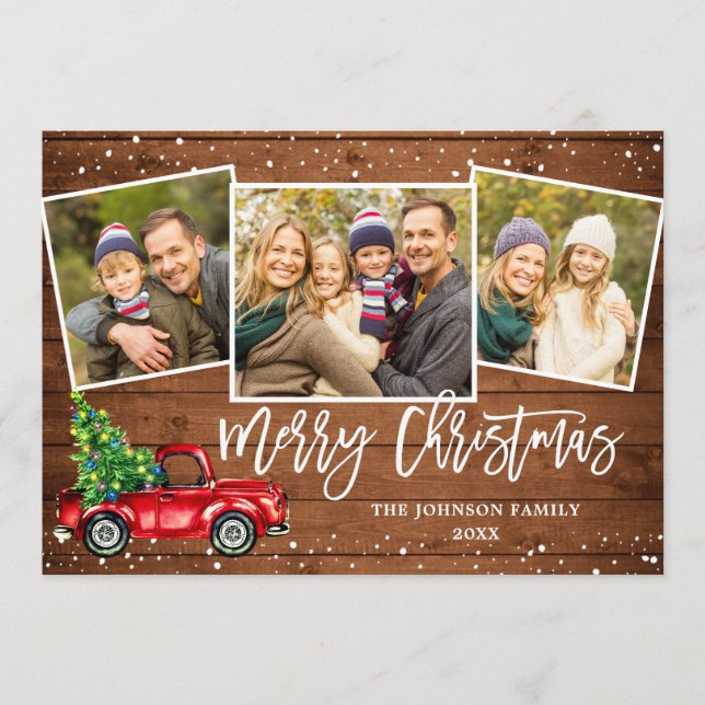 6 PHOTO Retro Christmas Red Truck Rustic Greeting Holiday Card (Front)