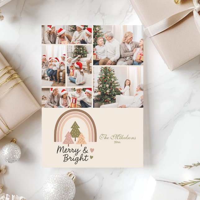6 Photo Retro Rainbow Merry & Bright  Holiday Card (Creator Uploaded)