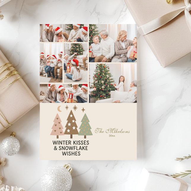 6 Photo Retro Winter Kisses & Snowflake Wishes Holiday Card (Creator Uploaded)