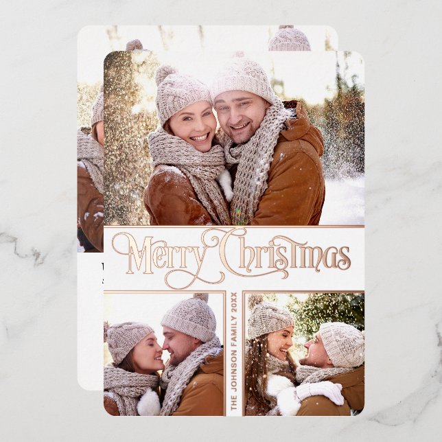 6 PHOTO Simply Elegant Sparkle Christmas Rose Gold Foil Holiday Card (Front/Back)