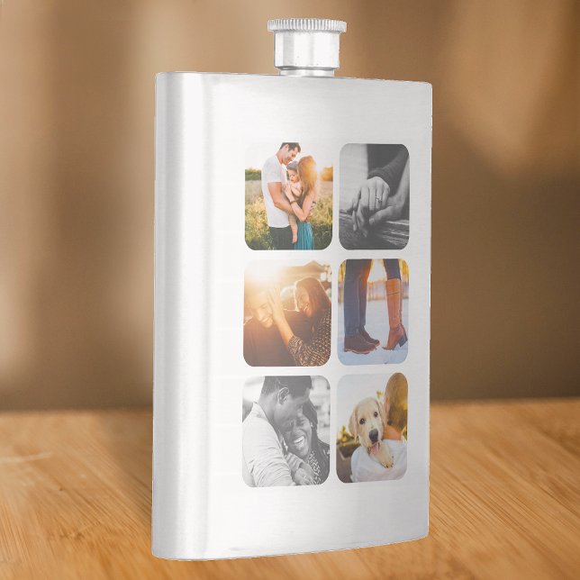 6 Photo Template Grid Rounded Frame brushed Spirit Hip Flask (Creator Uploaded)