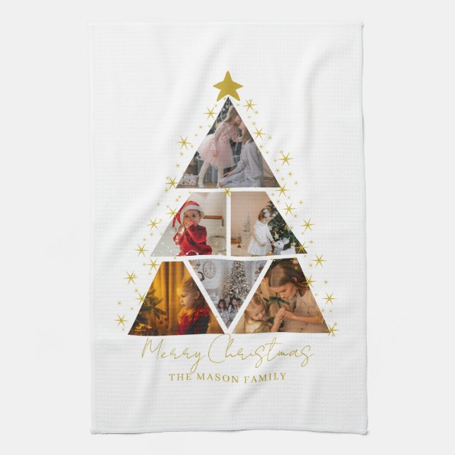 6 Photo Tree Shape Christmas Card Tea Towel (Vertical)