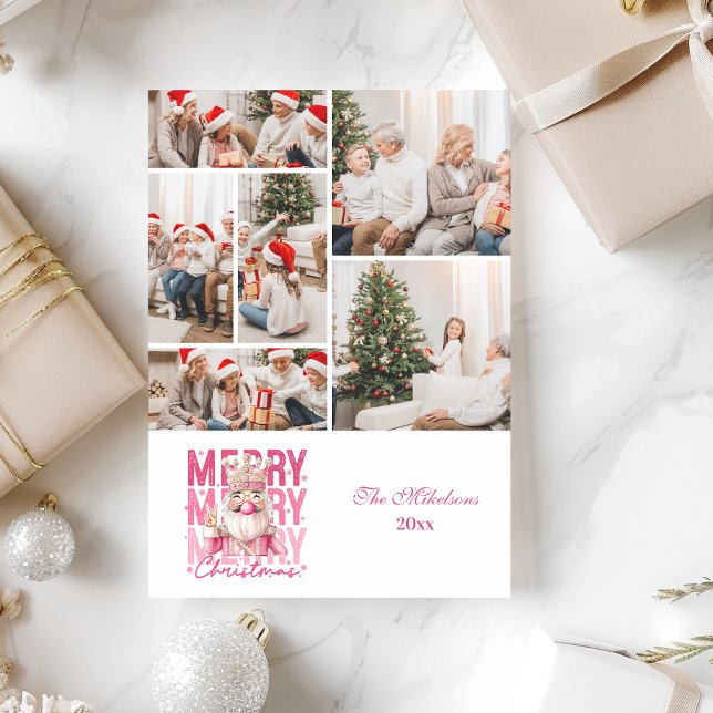 6 Photo Vintage Pink Nutcracker Christmas  Holiday Card (Creator Uploaded)