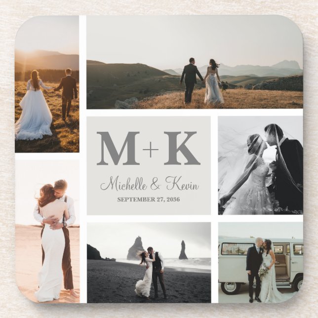 6 Photo Wedding Collage Newlyweds Keepsake Coaster (Front)