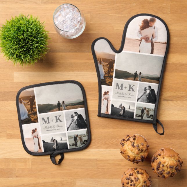 6 Photo Wedding Collage Newlyweds Keepsake Oven Mitt & Pot Holder Set (Top Down)