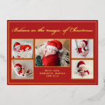 6 photos believe in Christmas magic family red Foil Holiday Card<br><div class="desc">Modern holiday greeting card featuring 5 of your favourite Christmas family portraits complemented by real gold foil frames and wording that reads "Believe in the magic of Christmas" over a festive red background, customisable with your message or names. You can upload one more picture on the reverse of the card....</div>