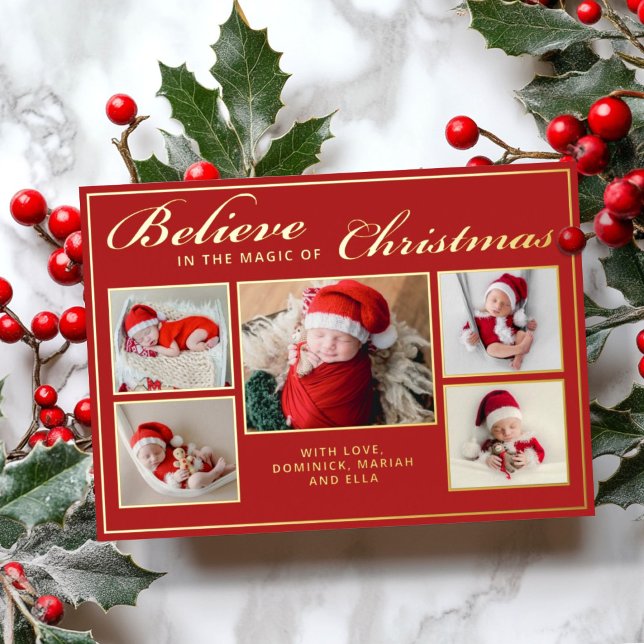 6 photos believe in Christmas magic family red Foil Holiday Card (Creator Uploaded)