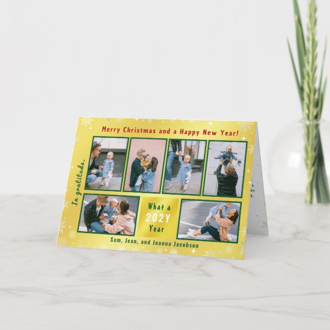 6 Photos Collage Cute Elegant Golden Personalised Holiday Card (Front)