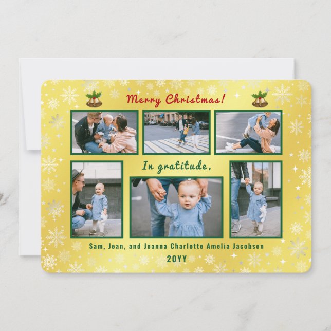 6 Photos Collage Cute Elegant Golden Personalised Holiday Card (Front)