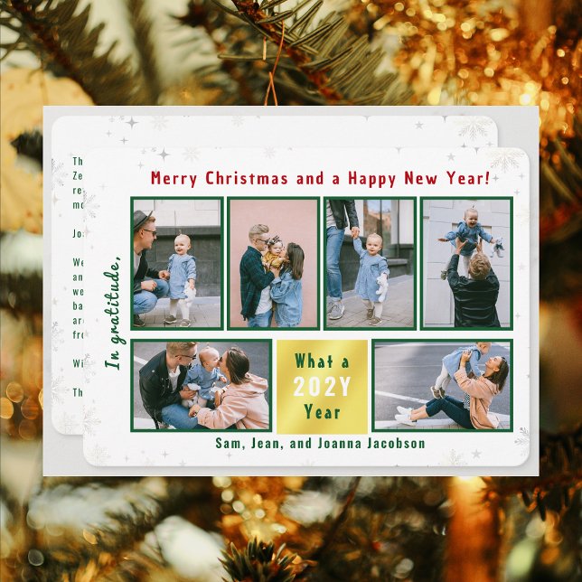 6 Photos Collage Letter Cute Elegant Personalised Holiday Card (Merry Christmas & Happy New Year, In Gratitude, Modern Cute 6 Photos Collage What a Year Long Letter)