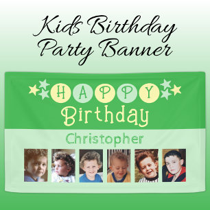 6 photos happy birthday name kids green party banner