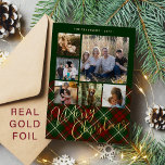 6 photos Merry Christmas family red green gold Foil Holiday Card<br><div class="desc">Elegant stylish plaid tartan real gold foil Merry Christmas script six family photos classic traditional red green holiday card with your custom personalised text on both sides.</div>