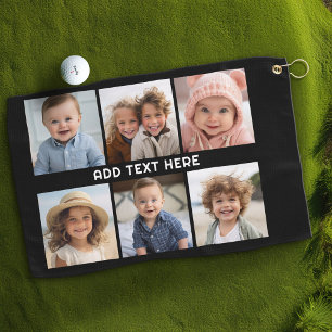 6 Photos with White Text on Black Golf Towel