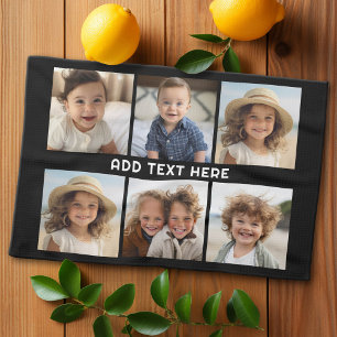 6 Photos with White Text on Black Tea Towel