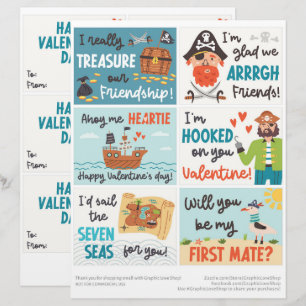 6 Pirate Kids Classroom Valentines Day Cards Custom Letterhead