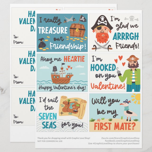6 Pirate Kids Classroom Valentines Day Cards Custom Letterhead (Front/Back)