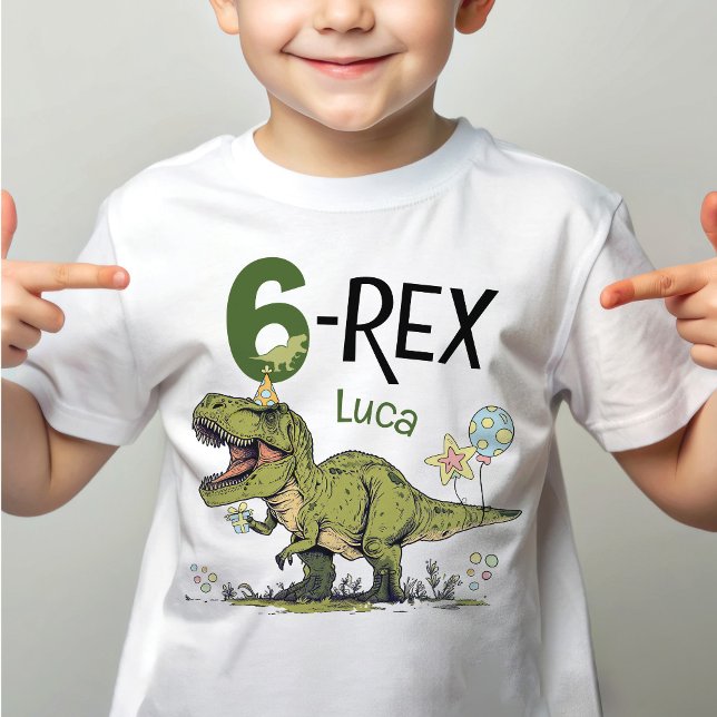 6-Rex Cute Dinosaur Theme 6th Birthday Party Name  T-Shirt (Cute funny Jurassic dinosaur theme green roar T-Rex dino cartoon 6-rex 6th birthday party t-shirt)