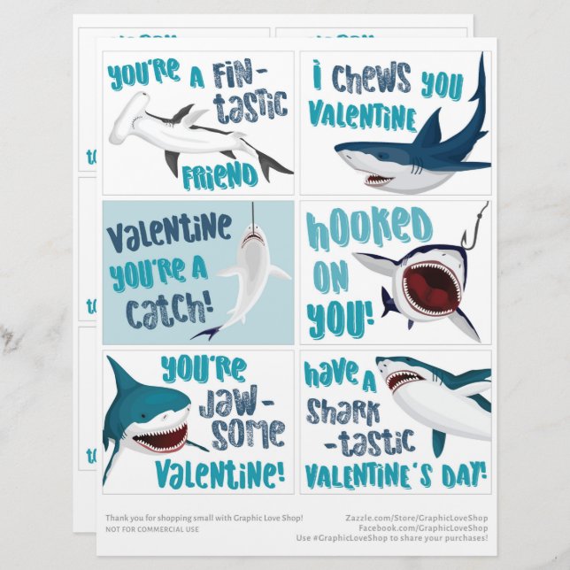 6 Shark Kids Classroom Valentines Day Cards Custom Letterhead (Front/Back)