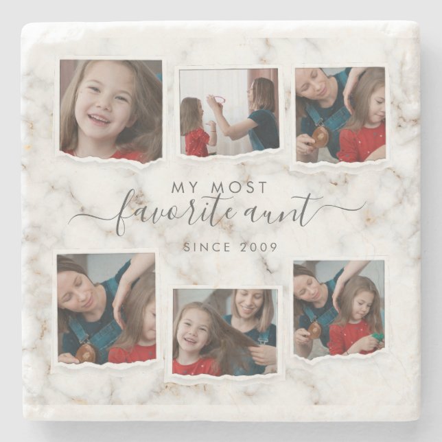 6 Six Photo Collage Aunty Modern Elegant Family Stone Coaster (Front)