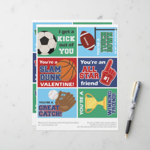 6 Sports Kids Classroom Valentines Day Cards Custom Letterhead