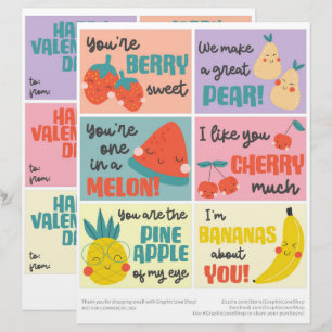 6 Sweet Fruit Kids Classroom Valentines Day Cards Custom Letterhead