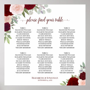6 Table Burgundy Red & Blush Floral Seating Chart