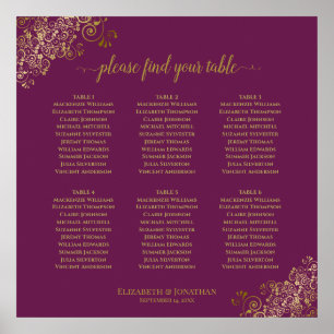 6 Table Cassis Purple & Gold Wedding Seating Chart