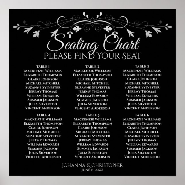 6 Table Chic Silver & Black Wedding Seating Chart (Front)