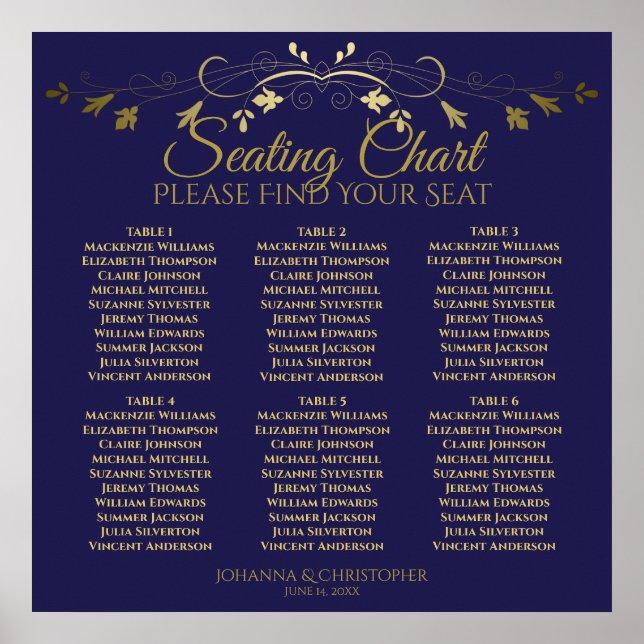 6 Table Elegant Gold & Navy Wedding Seating Chart (Front)