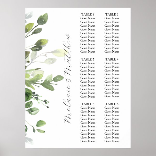 6 Table Eucalyptus Greenery Wedding Seating Chart (Front)