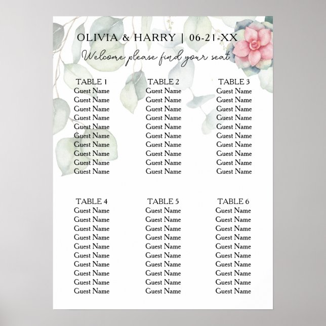 6 Table Floral Greenery Wedding Seating Chart (Front)