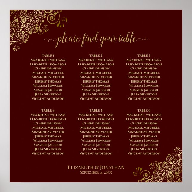 6 Table Gold Frills Wedding Seating Chart Auburn (Front)