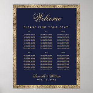 6 Table Navy Blue Gold Roses Wedding Seating Chart
