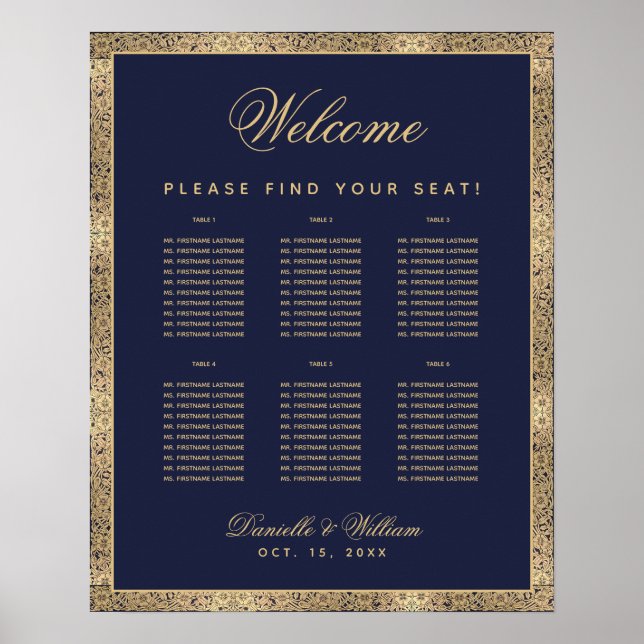 6 Table Navy Blue Gold Roses Wedding Seating Chart (Front)
