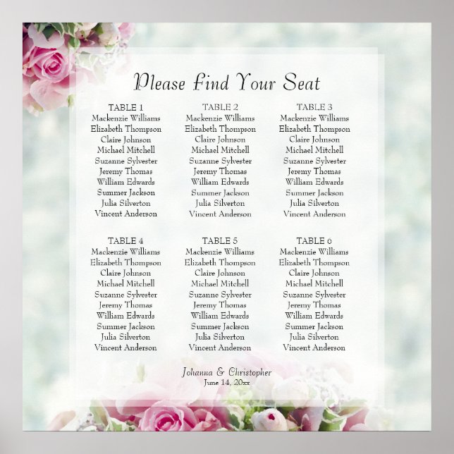 6 Table Pink Roses Wedding Seating Chart (Front)