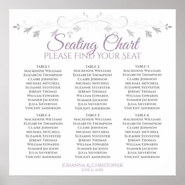 6 Table Purple & Gray Wedding Seating Chart (Front)