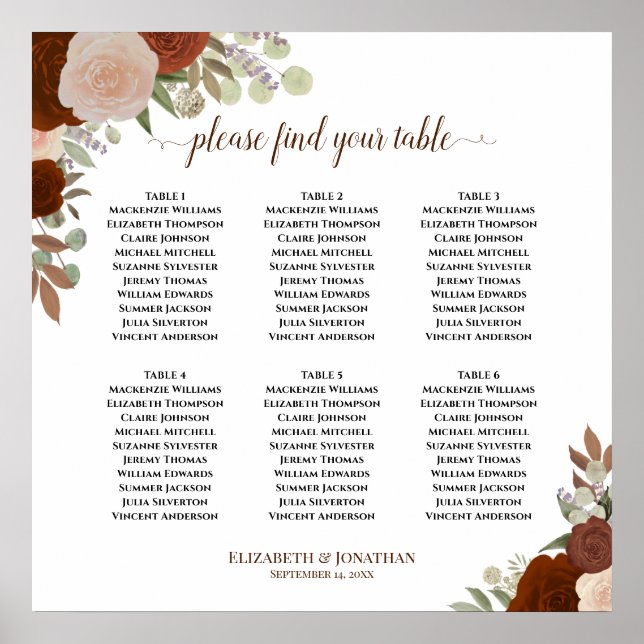 6 Table Rust Orange Autumn Floral Seating Chart (Front)