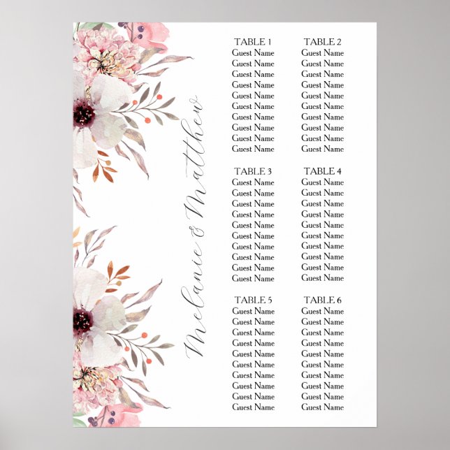 6 Table | Rustic Boho Floral Wedding Seating Chart (Front)