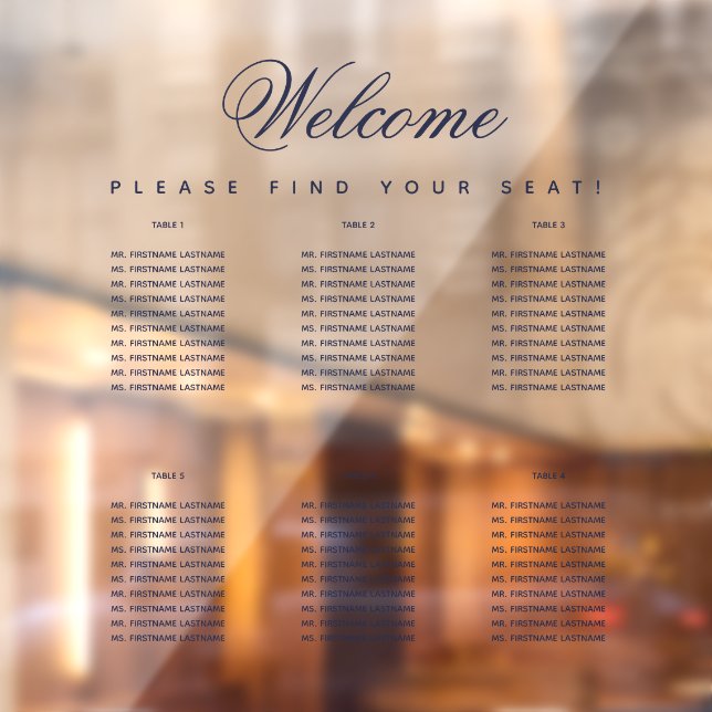 6 Table Seating Chart Navy Blue Script Transparent Window Cling (Sheet 2)