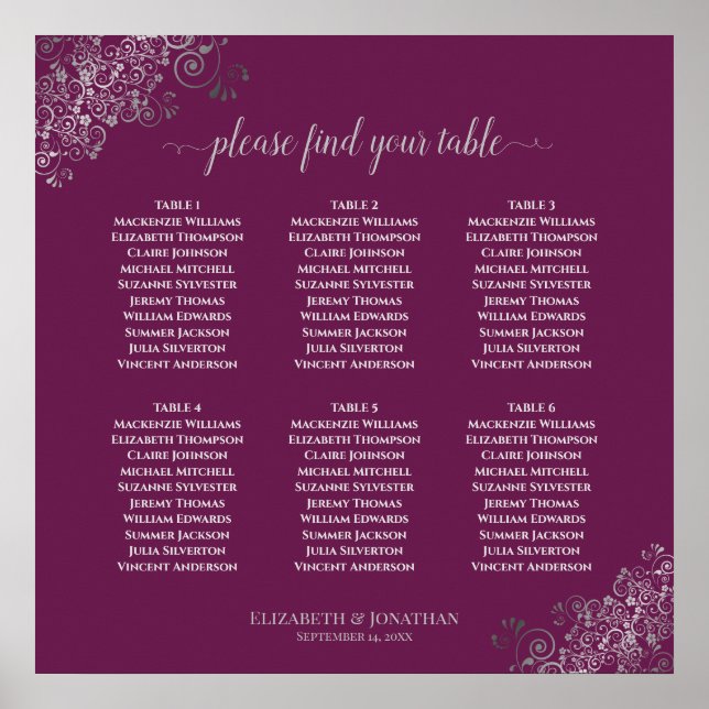 6 Table Silver Cassis Purple Wedding Seating Chart (Front)
