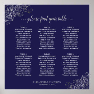 6 Table Silver & Navy Blue Wedding Seating Chart