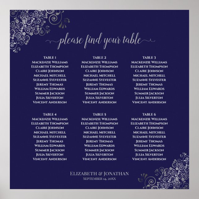 6 Table Silver & Navy Blue Wedding Seating Chart (Front)