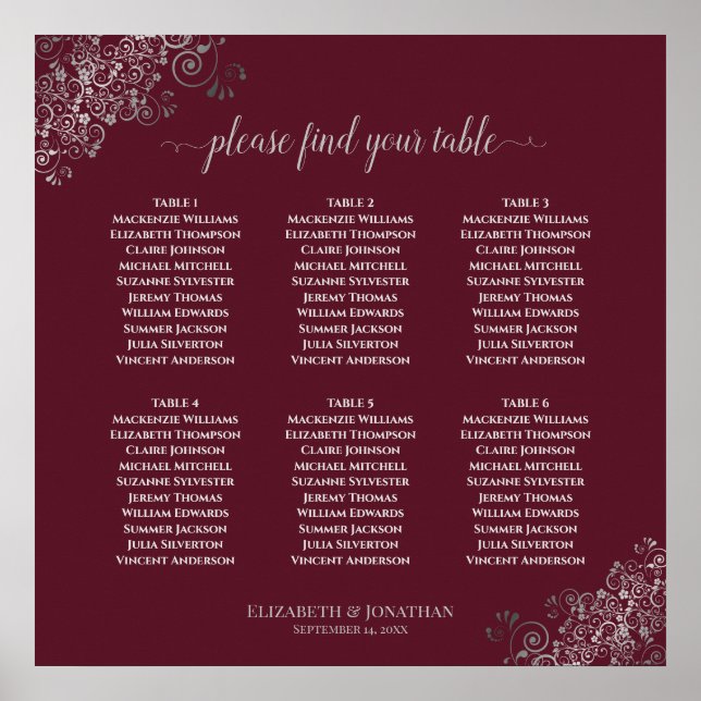 6 Table Silver on Burgundy Wedding Seating Chart (Front)