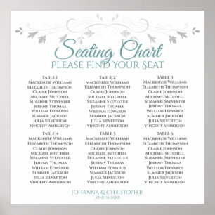 6 Table Teal & Gray Elegant Wedding Seating Chart