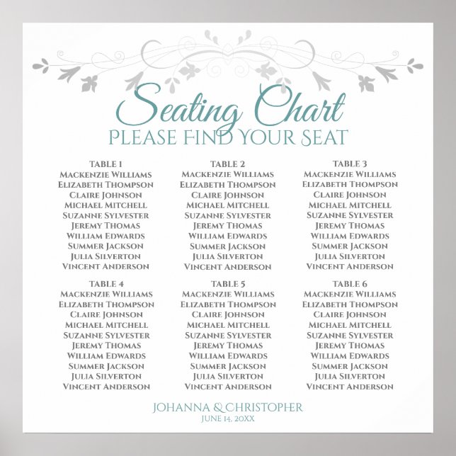 6 Table Teal & Gray Elegant Wedding Seating Chart (Front)