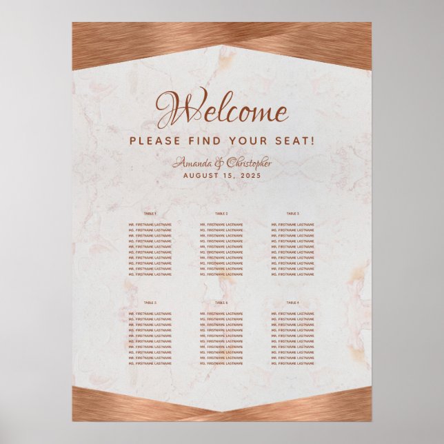 6 Table Wedding Seating Chart Faux Copper Marble (Front)