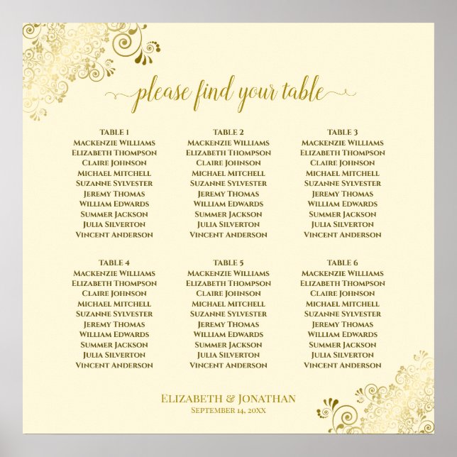 6 Table Wedding Seating Chart Gold Frills on Cream (Front)